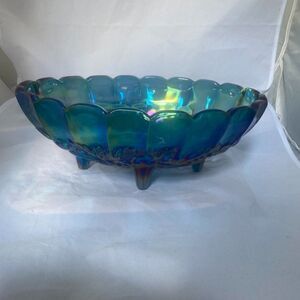 Aqua Carnival Glass Bowl -- 12 in by 8 in.